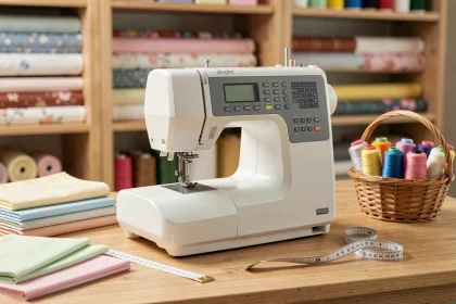 Machine à coudre compacte blanche et grise sur une table en bois avec des bobines de fil colorées et des tissus pliés