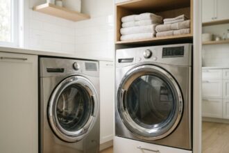 Machine à laver haut de gamme intégrée dans une buanderie moderne au style scandinave avec carrelage blanc et parquet en chêne