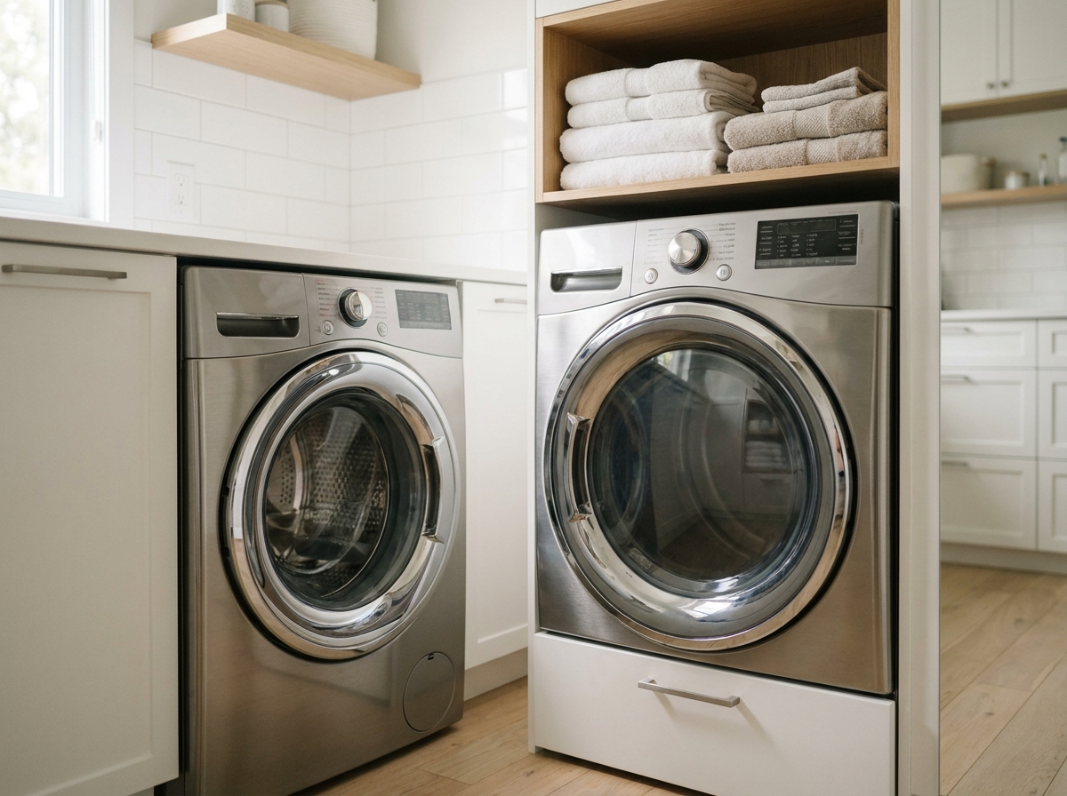 Machine à laver haut de gamme intégrée dans une buanderie moderne au style scandinave avec carrelage blanc et parquet en chêne