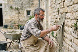 Maçon expérimenté appliquant du mortier sur un mur en pierre lors de travaux de rénovation d'une maison ancienne