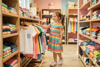 Jeune fille souriante qui fait du shopping dans un magasin de vêtements pour enfants à Nîmes Ville Active