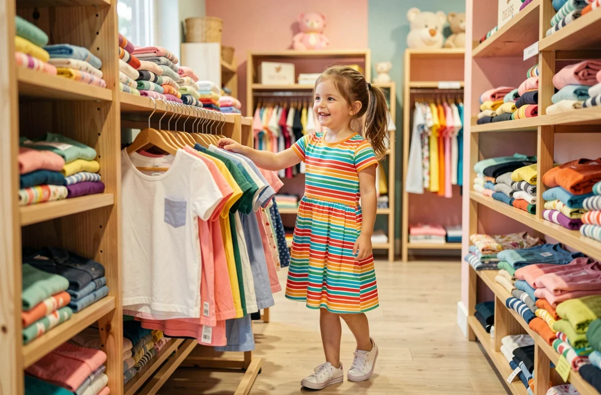 Jeune fille souriante qui fait du shopping dans un magasin de vêtements pour enfants à Nîmes Ville Active