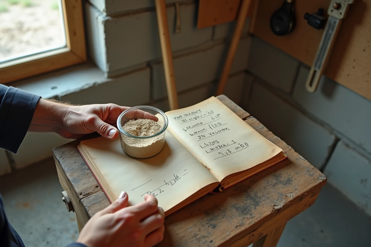 Mains d'un maçon tenant un échantillon de sable humide avec des calculs de poids au m3 notés sur un carnet de chantier