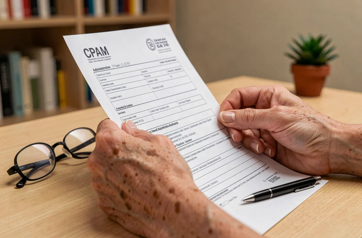 Mains de personne âgée tenant un formulaire officiel de demande d'aide ménagère CPAM