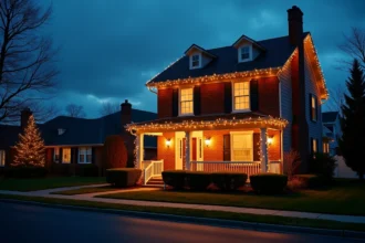 Maison décorée de guirlandes lumineuses blanc chaud pour Noël au crépuscule