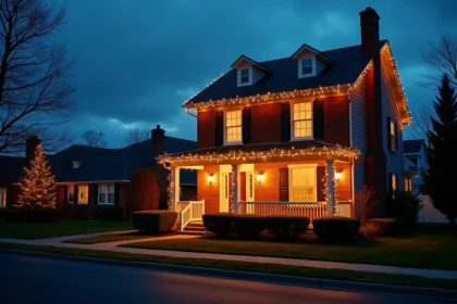Maison décorée de guirlandes lumineuses blanc chaud pour Noël au crépuscule
