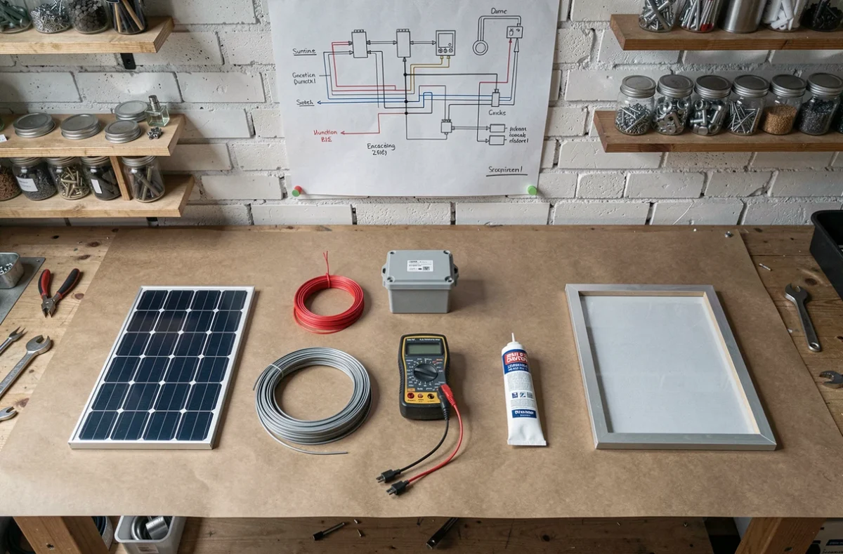 Vue à plat de tous les matériaux et outils nécessaires pour fabriquer soi-même un panneau solaire photovoltaïque maison