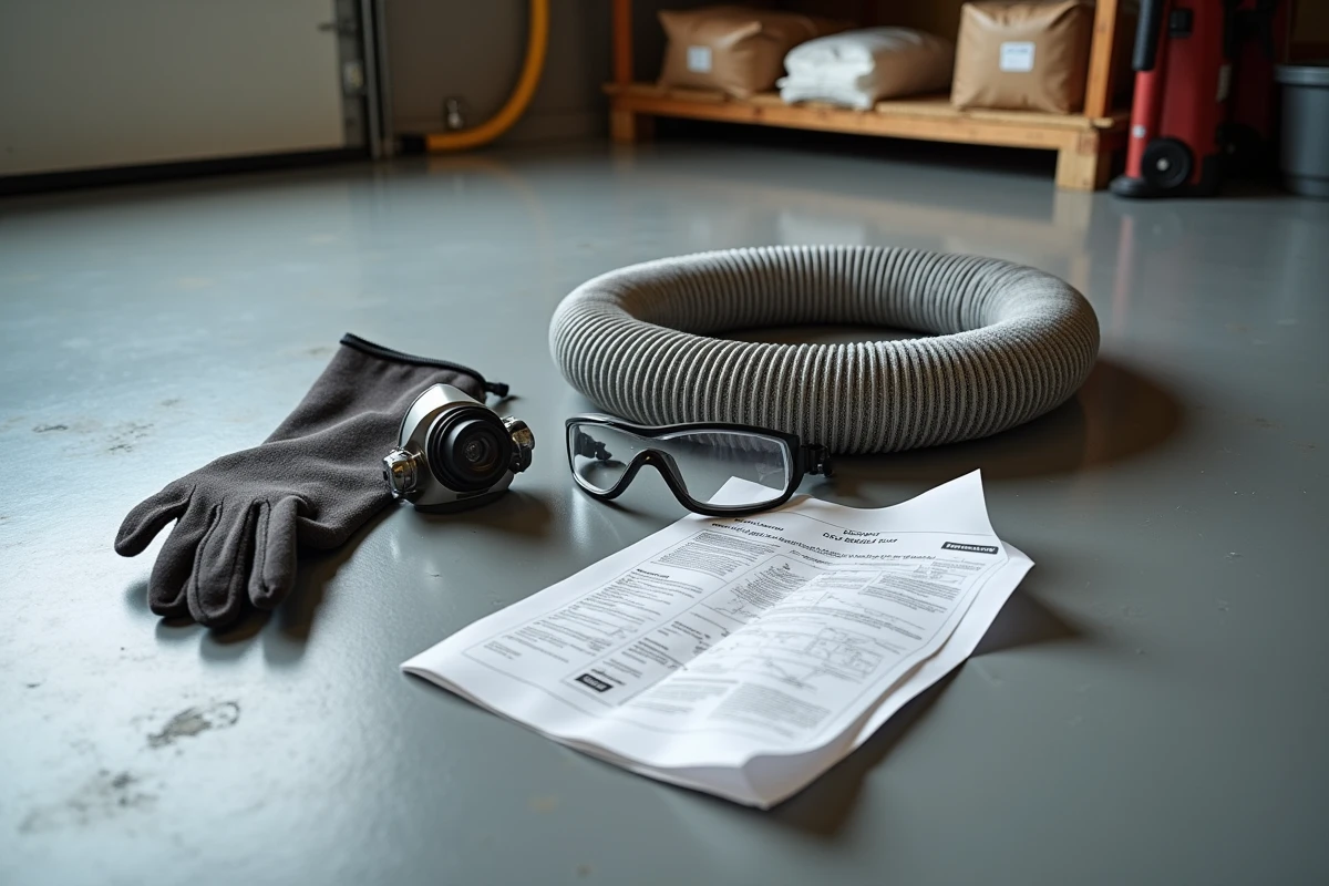 Kit complet de location souffleuse ouate de cellulose avec tuyau flexible masque gants et lunettes de protection disposés sur sol de garage