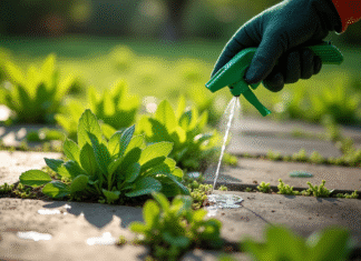 Les dangers des désherbants chimiques : pourquoi choisir le vinaigre ? Gros plan sur des mauvaises herbes vertes entre pavés avec pulvérisation