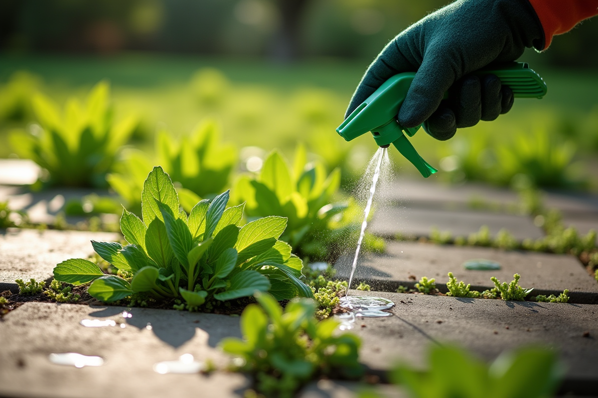 Gros plan sur des mauvaises herbes vertes entre pavés avec pulvérisation
