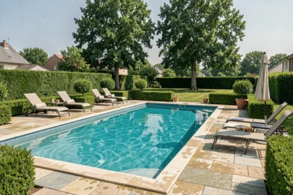Vue d'ensemble d'une piscine résidentielle dans un jardin du Val-d'Oise, avec terrasse en pierre et végétation luxuriante