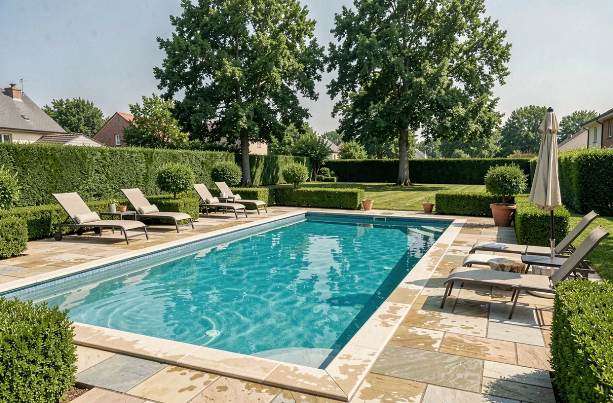 Vue d'ensemble d'une piscine résidentielle dans un jardin du Val-d'Oise, avec terrasse en pierre et végétation luxuriante