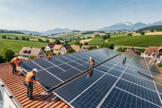 Vue panoramique d'une installation de panneaux solaires sur des toits alsaciens avec les collines viticoles du Haut-Rhin en arrière-plan