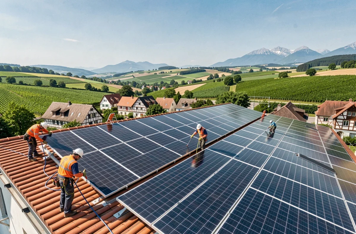 Vue panoramique d'une installation de panneaux solaires sur des toits alsaciens avec les collines viticoles du Haut-Rhin en arrière-plan