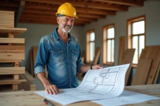 Menuisier regardant des plans dans un atelier moderne