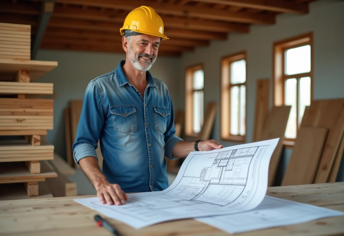 Menuisier regardant des plans dans un atelier moderne