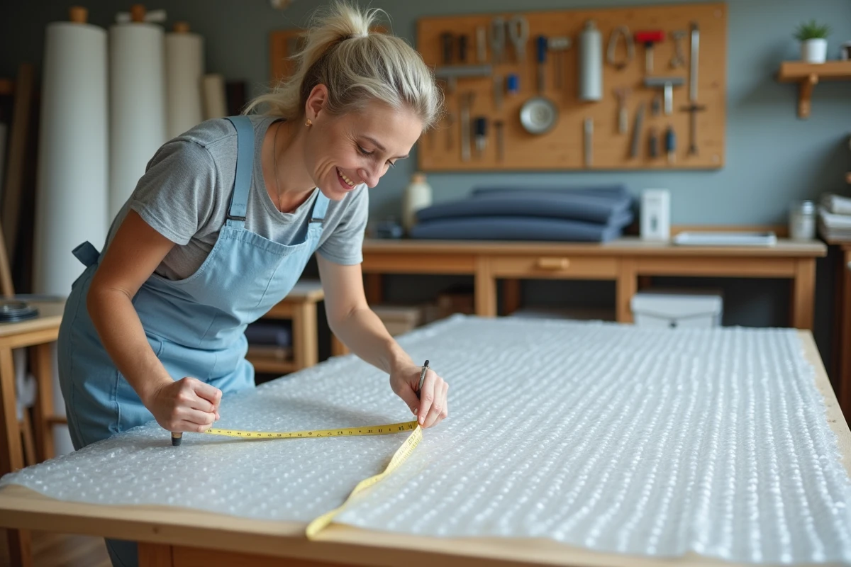 Femme mesurant une bâche à bulle pour piscine hors sol sur une table d'atelier en bois
