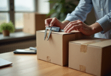 Personne mesurant un carton avec un calibre numérique sur un bureau lumineux