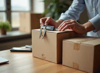 Personne mesurant un carton avec un calibre numérique sur un bureau lumineux