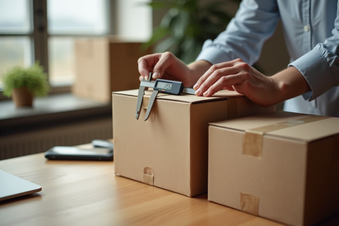 Personne mesurant un carton avec un calibre numérique sur un bureau lumineux
