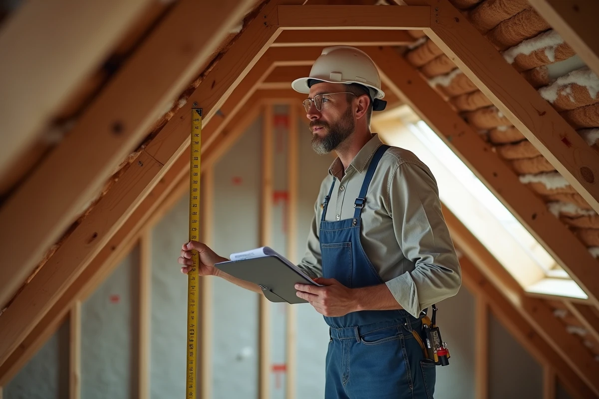 Homme mesurant un toit en attique avec un mètre et un carnet