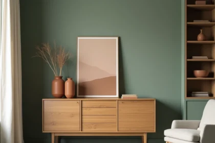Meuble en bois vintage chêne associé à un mur vert sauge contemporain avec décoration minimaliste en céramique terracotta