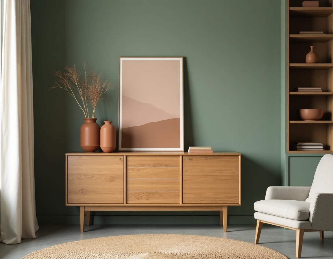 Meuble en bois vintage chêne associé à un mur vert sauge contemporain avec décoration minimaliste en céramique terracotta