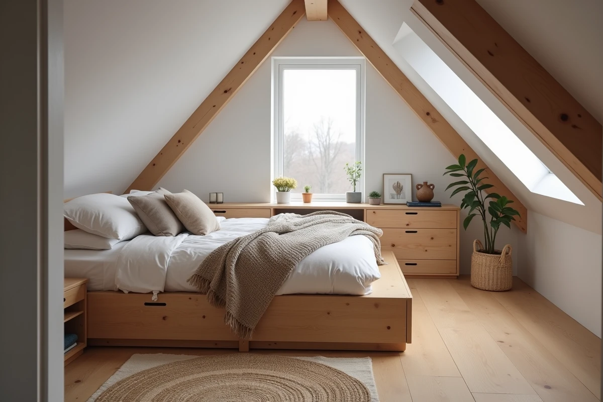 Chambre aménagée sous les combles avec meuble bas intégré suivant la pente du toit en bois naturel