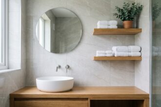 Meuble vasque en chêne massif avec miroir rond dans une salle de bain moderne aux tons neutres