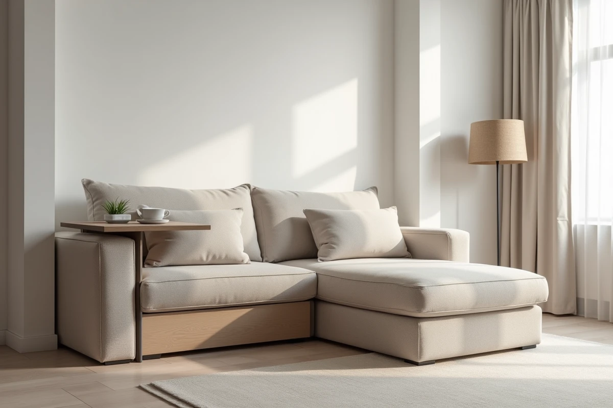 Salon d'un studio avec un canapé-lit à tiroirs de rangement, une table murale rabattable et un pouf multifonction servant de table basse et coffre