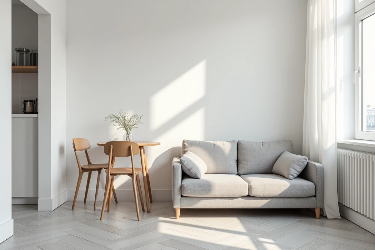 Studio aménagé avec des meubles de petite taille proportionnés à l'espace : petit canapé deux places, table ronde compacte et chaises fines laissant des allées de circulation dégagées