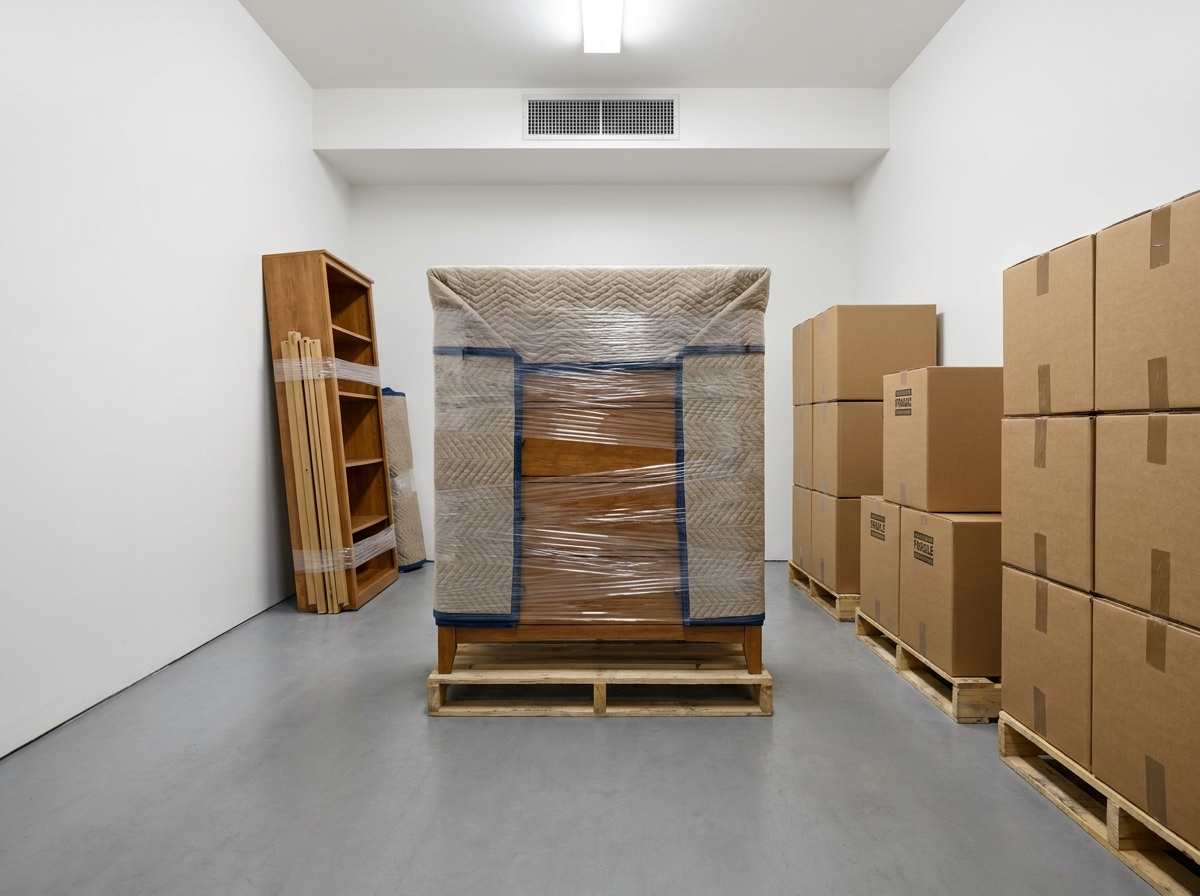 Meubles soigneusement protégés et empilés sur des palettes dans un box de stockage propre et organisé