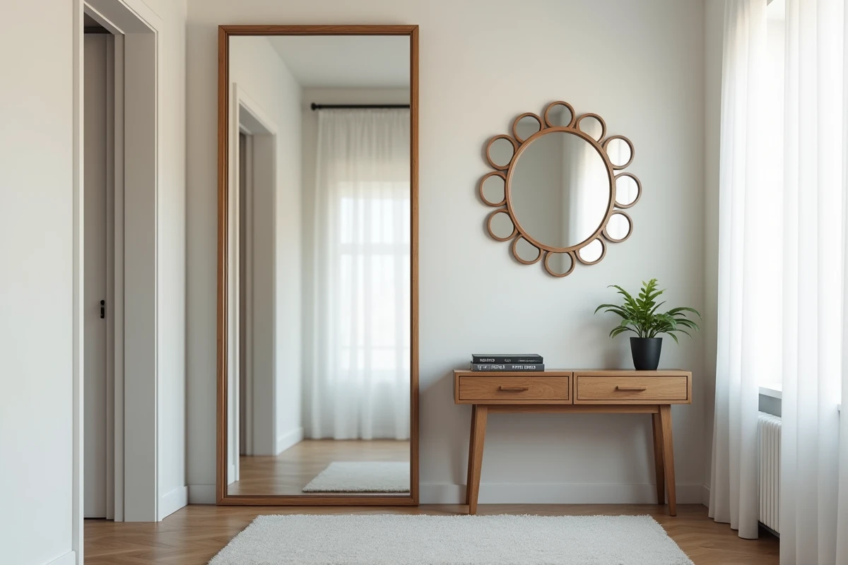 Grand miroir du sol au plafond dans un studio reflétant la pièce et créant une illusion de profondeur, accompagné d'un groupe de petits miroirs décoratifs au-dessus d'une console