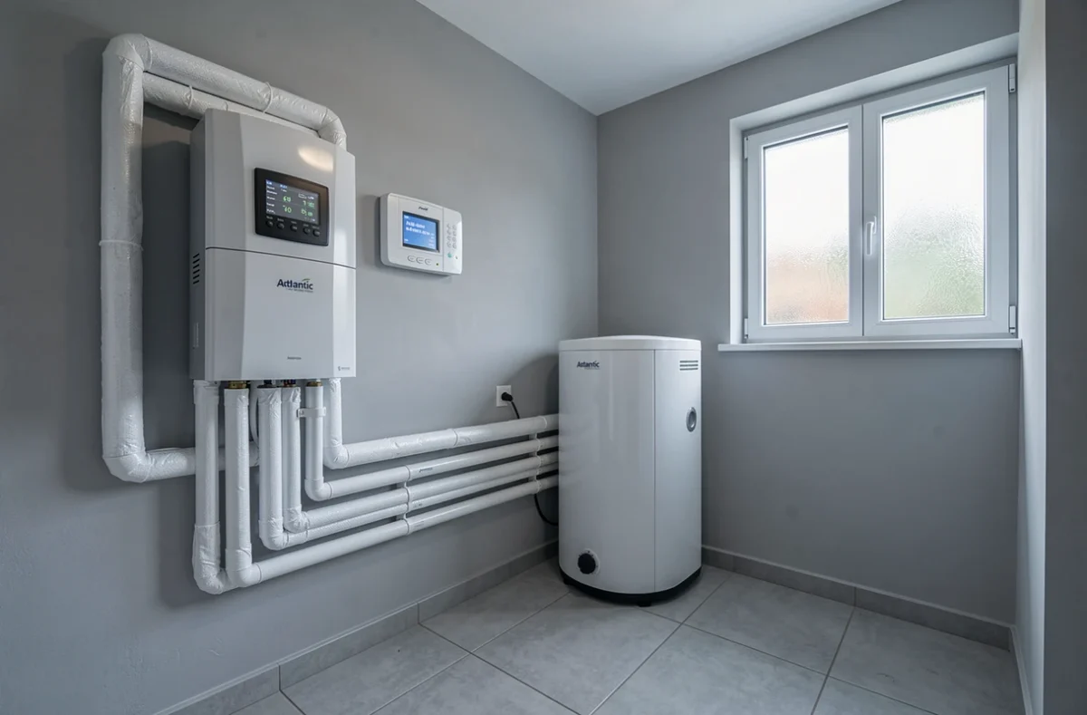 Module intérieur d'une pompe à chaleur air-eau Atlantic 11 kW dans une chaufferie de maison individuelle