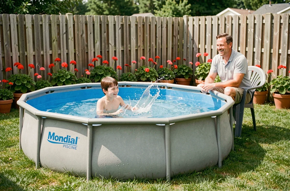 Père et adolescent profitant d'une piscine hors-sol ronde Mondial Piscine dans un jardin de banlieue résidentielle
