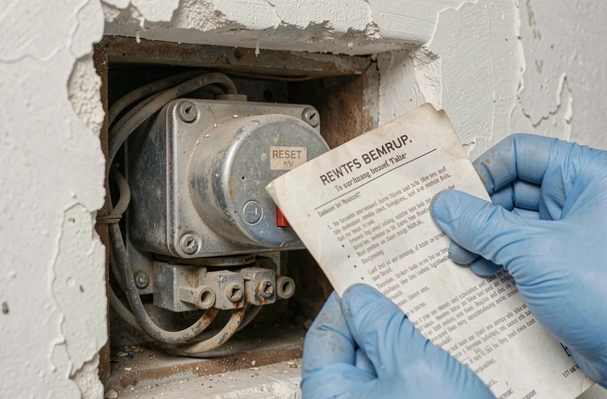 Gros plan sur le moteur vieilli d'un volet roulant solaire avec bouton de réinitialisation et connecteurs oxydés