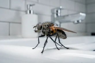 Gros plan macro d'une mouche domestique posée sur un évier de cuisine en céramique blanche, ailes et yeux à facettes visibles en détail