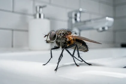 Gros plan macro d'une mouche domestique posée sur un évier de cuisine en céramique blanche, ailes et yeux à facettes visibles en détail