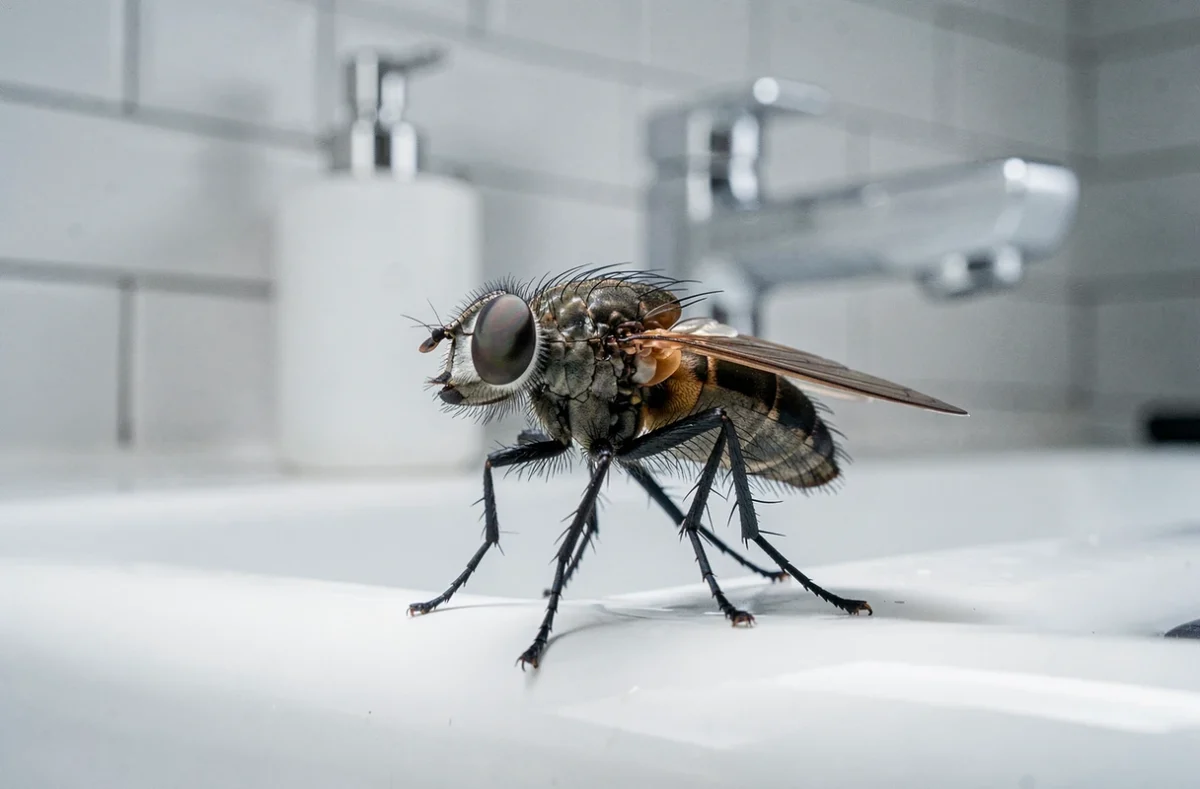 Gros plan macro d'une mouche domestique posée sur un évier de cuisine en céramique blanche, ailes et yeux à facettes visibles en détail