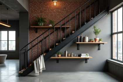 Mur cage escalier style industriel en brique apparente grise avec étagères en tuyaux noirs et planches de bois recyclé dans un loft urbain