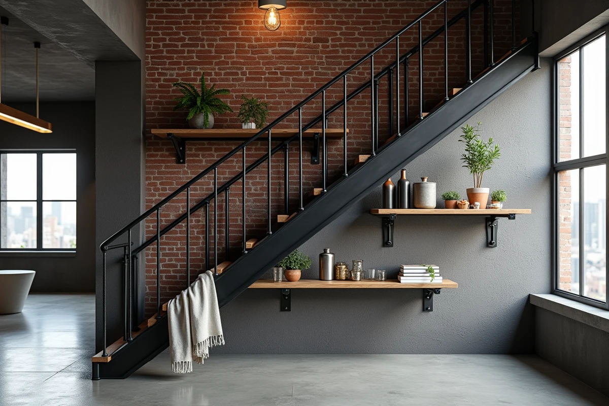 Mur cage escalier style industriel en brique apparente grise avec étagères en tuyaux noirs et planches de bois recyclé dans un loft urbain