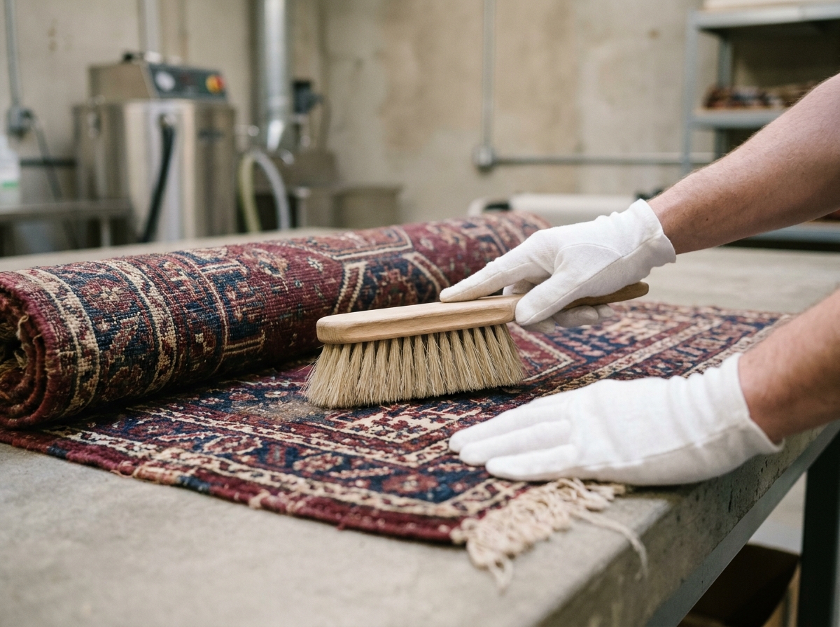 Gros plan sur les mains gantées d'un technicien brossant délicatement un tapis ancien en laine aux motifs géométriques colorés
