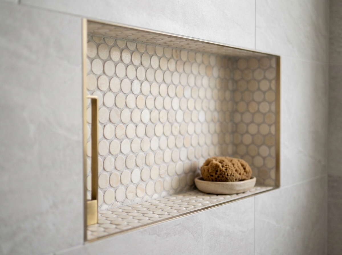 Niche de douche en carrelage mosaïque rond ivoire et marbre apportant du relief dans une petite salle de bain moderne