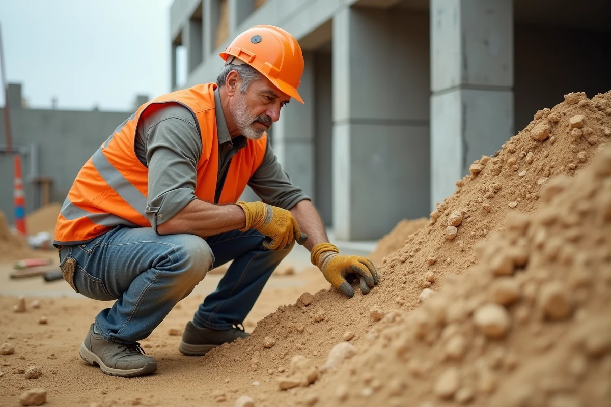 Ouvrier du bâtiment examinant un tas de sable sur un chantier de construction pour estimer le poids et le volume en m3
