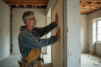 Ouvrier posant une plaque d'isolation thermique sur un mur intérieur lors d'une rénovation énergétique