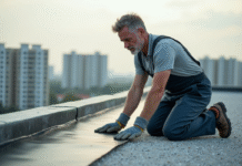 Ouvrier en overalls posant une membrane d'étanchéité sur un toit