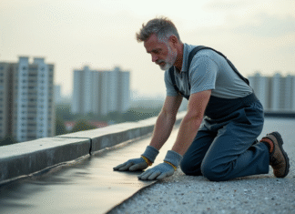 Comment réduire le prix au m² pour l’étanchéité de votre toiture-terrasse Ouvrier en overalls posant une membrane d'étanchéité sur un toit