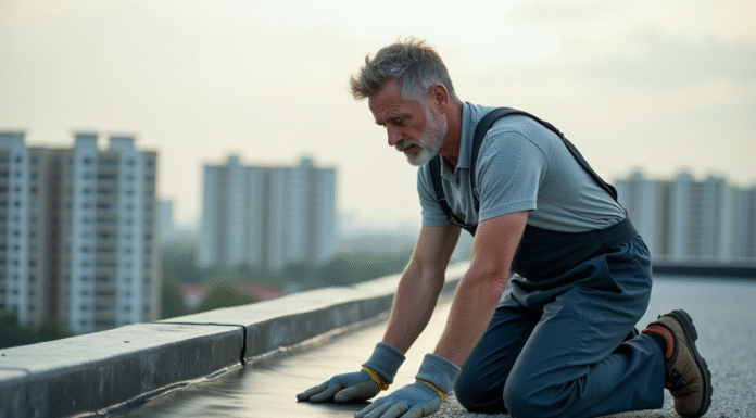 Ouvrier en overalls posant une membrane d'étanchéité sur un toit