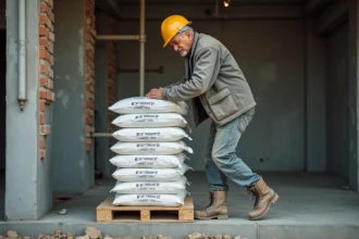 Ouvrier empilant des sacs de ciment de 25 kg sur une palette en bois sur un chantier de gros œuvre