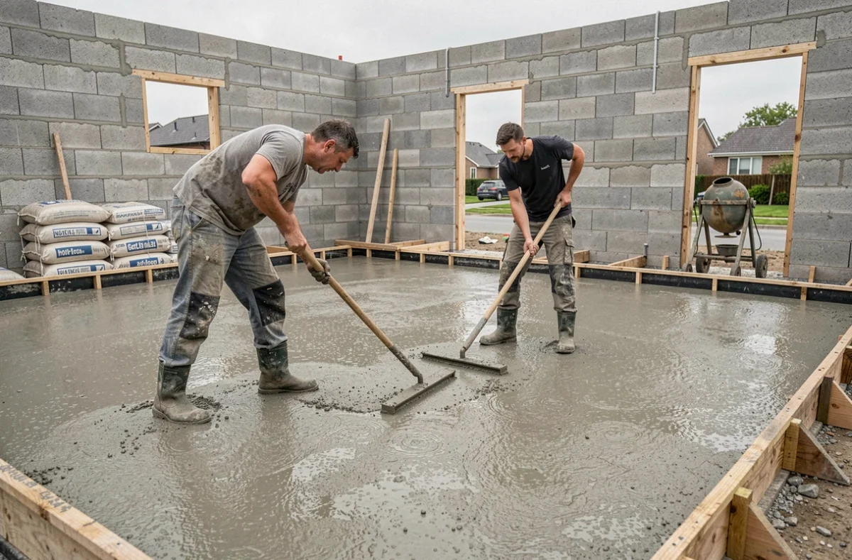 Ouvriers coulant et nivelant le béton du plancher d'une maison neuve lors de la phase de gros œuvre